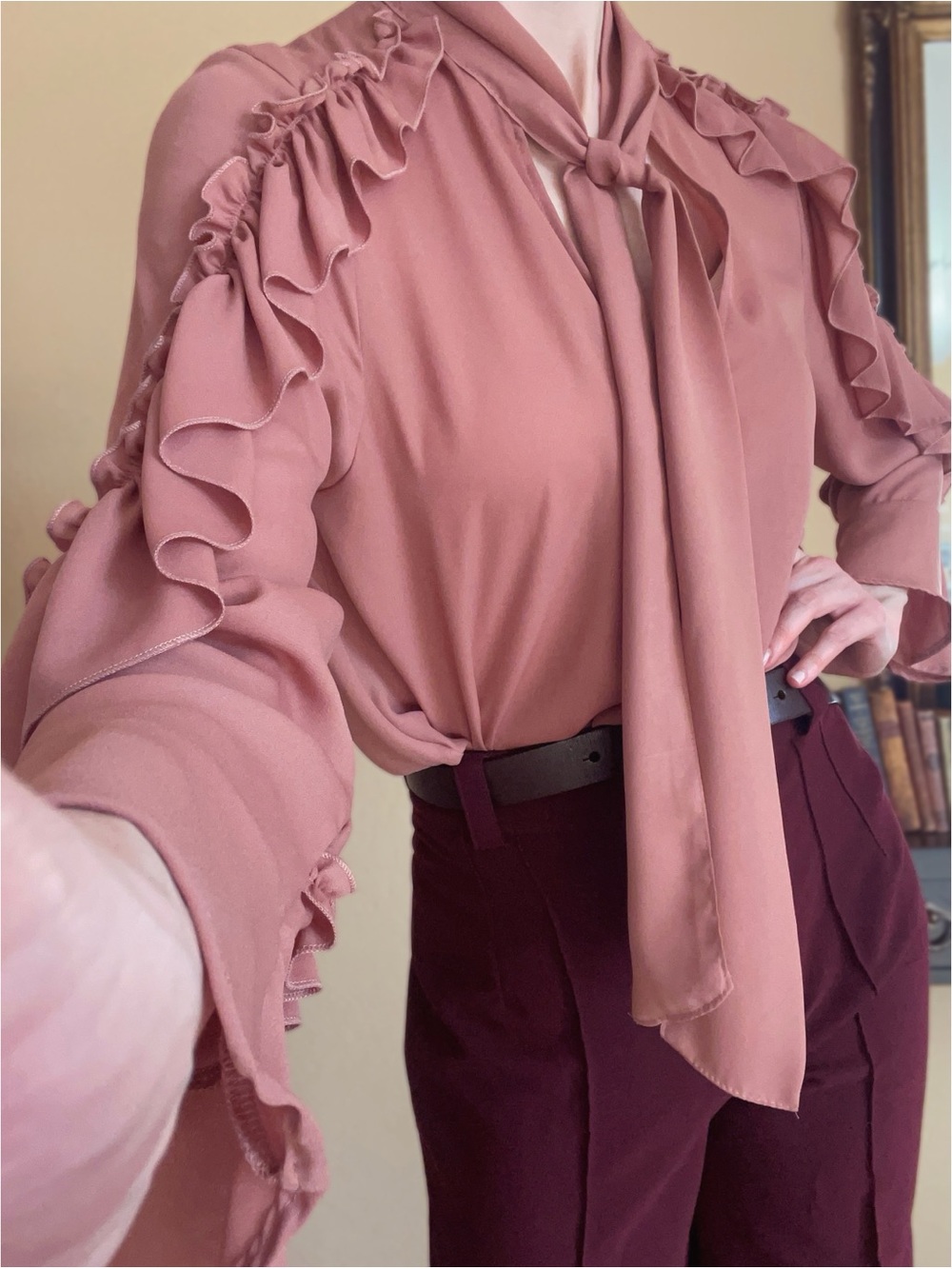 ZARA Mauve Pink Ruffle Chiffon Flounce Sleeve Tie Neck Button Down Blouse Top